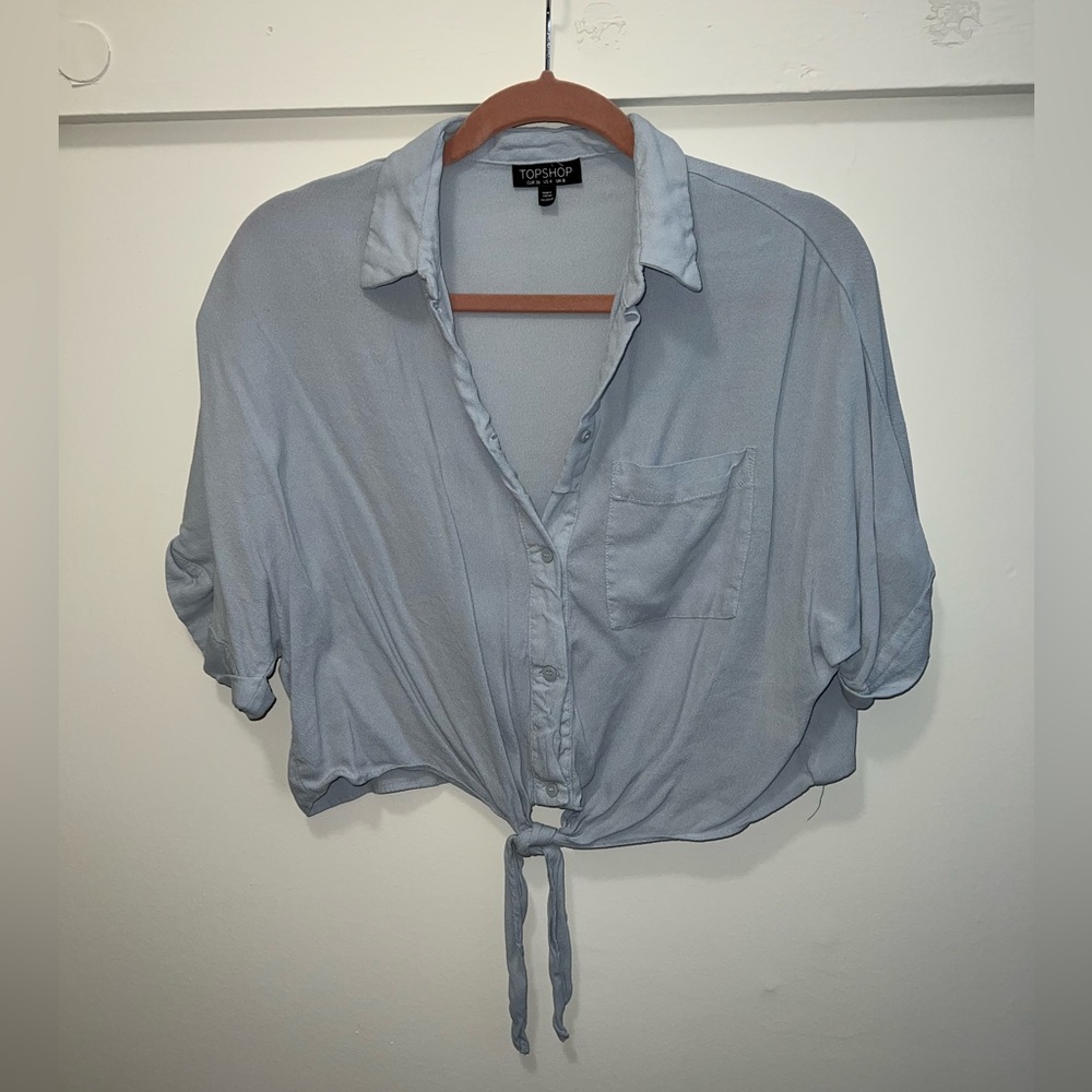 Topshop Light Blue Tie Front Button Down Blouse